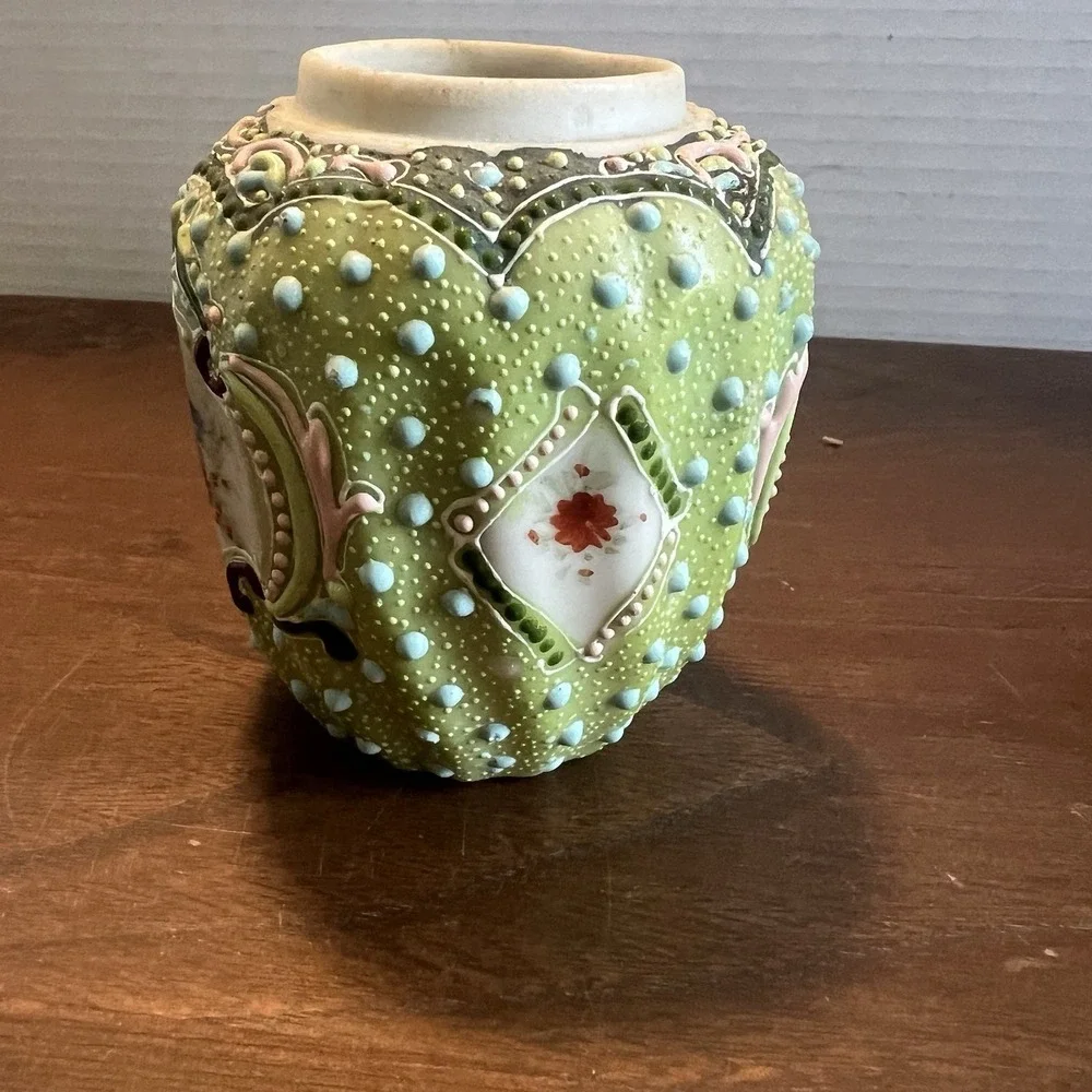 Antique Nippon Moriage Vase Hand Painted Floral Celadon Green Porcelain 3.25